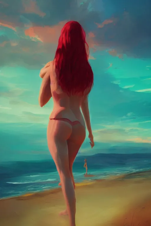 Image similar to red haired girl, green bikini, beach surreal photography, sunrise, dramatic light, impressionist painting, colorful clouds, digital painting, artstation, simon stalenhag