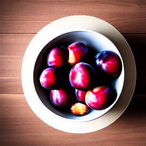 Prompt: photo of a single thick porcelain bowl filled with a few moist freshly picked plums on a wooden table. volumetric lighting. 4 k. small scale. realistic. top down.