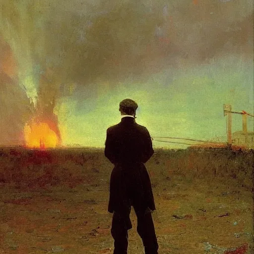 Image similar to high quality high detail painting by ilya repin, man standing in front of huge explosion, hd