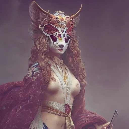 Image similar to a photorealistic dramatic fantasy render of a beautiful woman wearing a beautiful intricately detailed japanese cow kitsune mask and clasical japanese kimono by wlop, artgerm, greg rutkowski, alphonse mucha, beautiful dynamic dramatic dark moody lighting, shadows, cinematic atmosphere, artstation, concept design art, octane render, 8 k