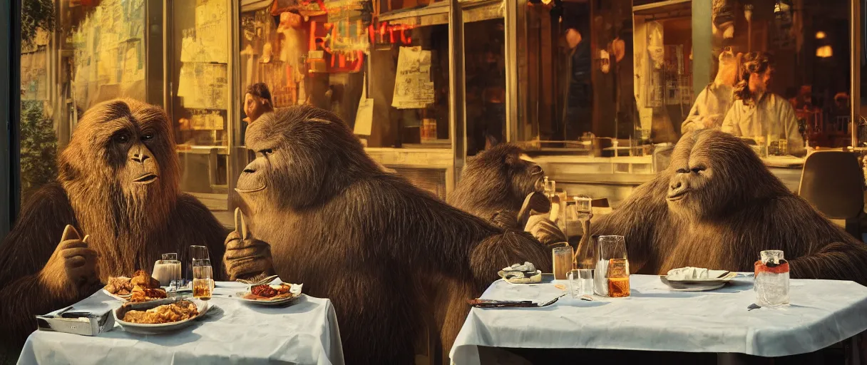 Image similar to accidentally wes anderson award - winning photograph of yeti and bigfoot eating lung outside paris restaurant, accidental renaissance, golden ratio, fibonacci composition, 4 k, detailed, art by greg rutkowsky, trending on artstation, cinematic lighting, filmic grain, golden hour, detailed, 4 k