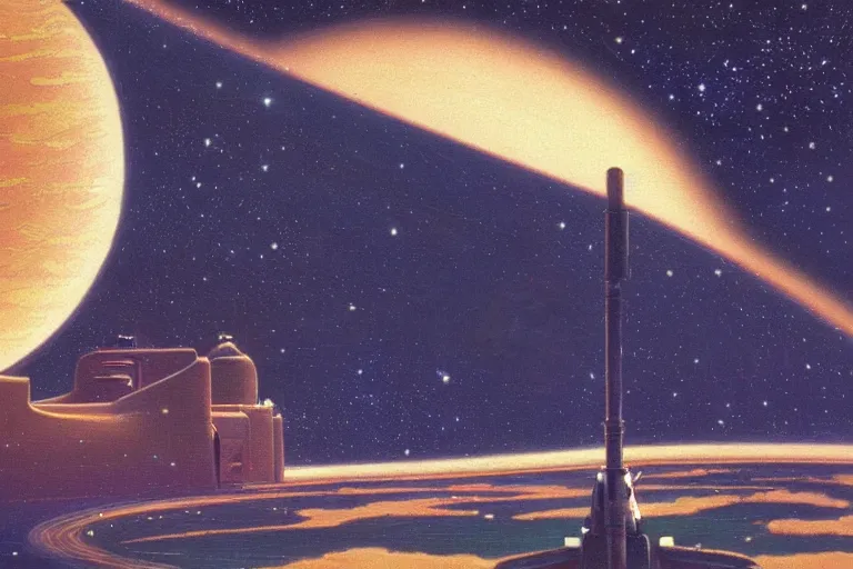 Prompt: beautiful painting of rosalina's comet observatory, soft light, digital painting by ralph mcquarrie and walter crane