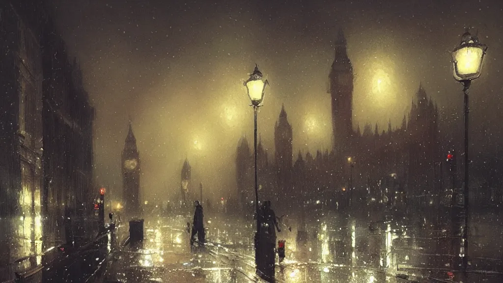 Prompt: rainy night in london, greg rutkowski