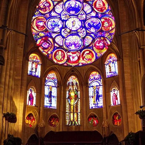 Image similar to a dramatically lit cathedral with candles and god rays, made of fruit and vegetables. The rose window is made from a giant orange slice.