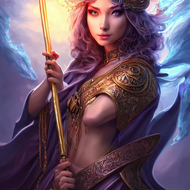 Prompt: beautiful elemental sky witch with ornate robes and staff, highly detailed, 4 k, hdr, smooth, sharp focus, high resolution, award - winning photo, artgerm, photorealistic
