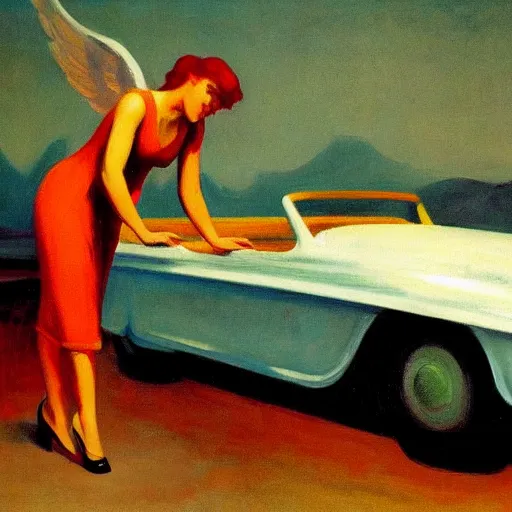 Prompt: an angel fixing their broken down car in hell, painted by edward hopper,