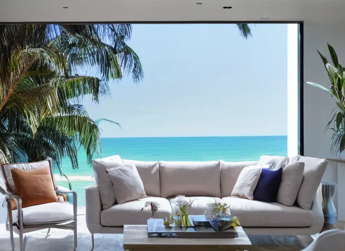 Prompt: interior photo of a modern beach us with a beautiful couch next to a white marble table on top of which there are magnificent flowers, highly detailed, hd, 4k