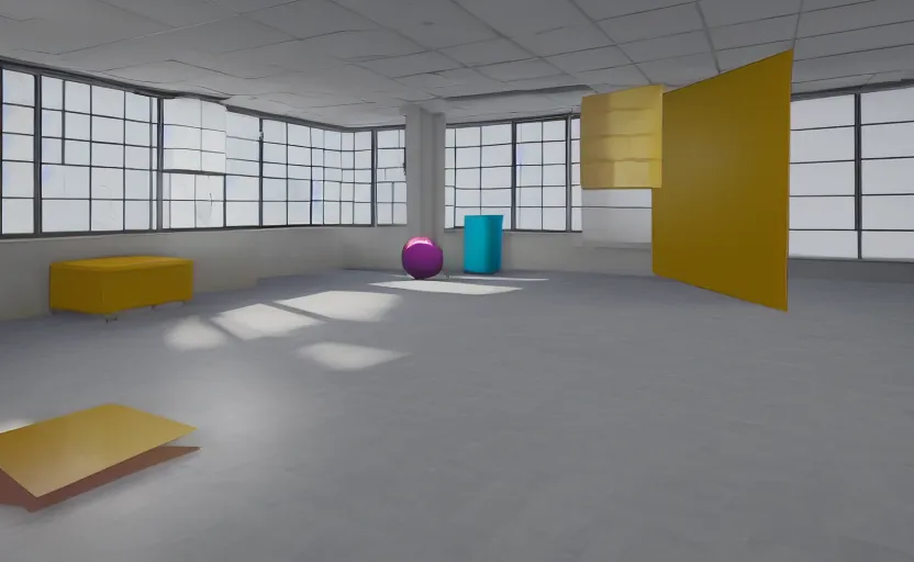 Image similar to empty room, open floor, large random with colourful 3 d objects, unreal engine and v - ray render.