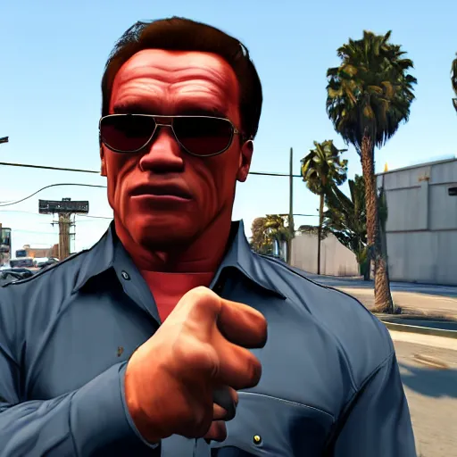 Image similar to GTA V arnold schwarzenegger screenshot stealing a cop car