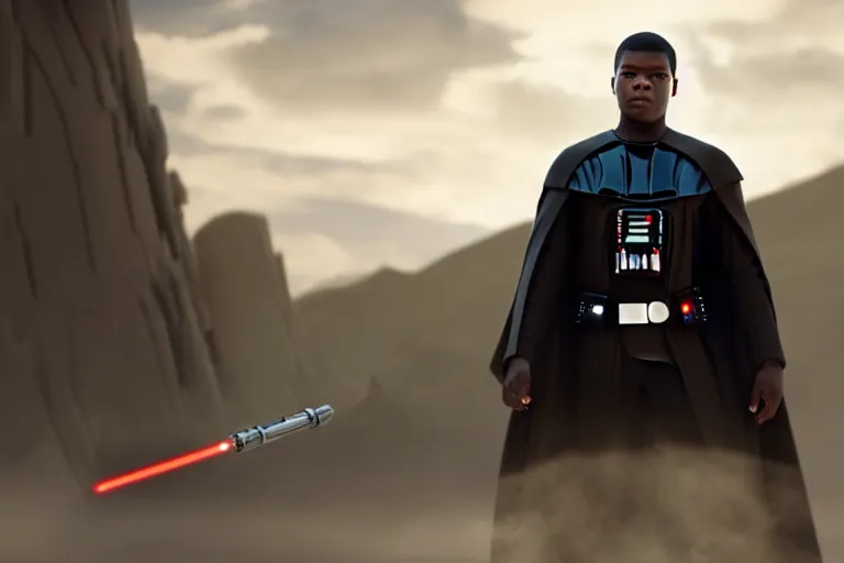 Image similar to Star Wars, full body, Finn played by John Boyega standing alone wearing jedi robes holding a lightsaber in heroic pose, ultra realistic, 4K, movie still, UHD, sharp, detailed, cinematic, render, Wide shot