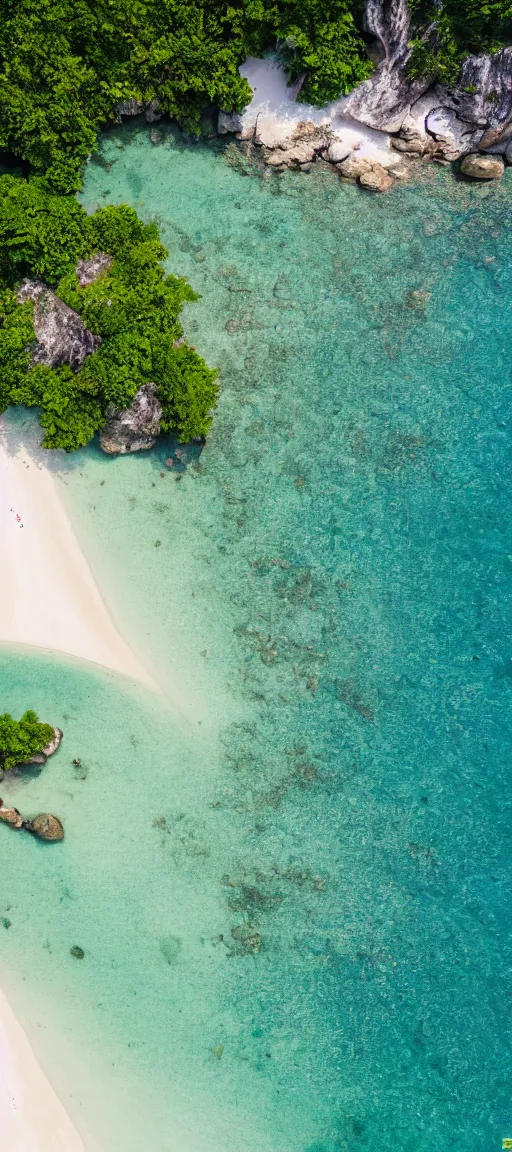 Image similar to beautiful koh samui, koh krabi, crystal clear blue water, white sandy beach, rocky cliffs, drone view