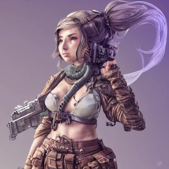 Prompt: the portrait of lawful neutral semi - colorful female infantry gunner as absurdly beautiful, gorgeous, elegant, young gravure idol, an ultrafine hyperdetailed illustration by kim jung gi, irakli nadar, intricate linework, bright colors, octopath traveler, final fantasy, unreal engine 5 highly rendered, global illumination, radiant light, detailed and intricate environment