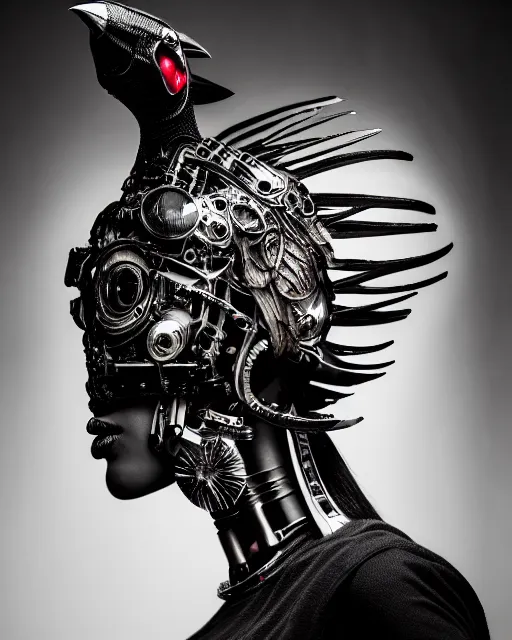 Image similar to a profile portrait, a stunning young woman - cyborg with a mutant crow head, editorial photography, bw, by roman sustov, by hr giger, shot on 7 0 mm, depth of field, f / 2. 8, high contrast, 1 6 k, volumetric lighting, shiny, insanely detailed and intricate, hypermaximalist, elegant, ornate