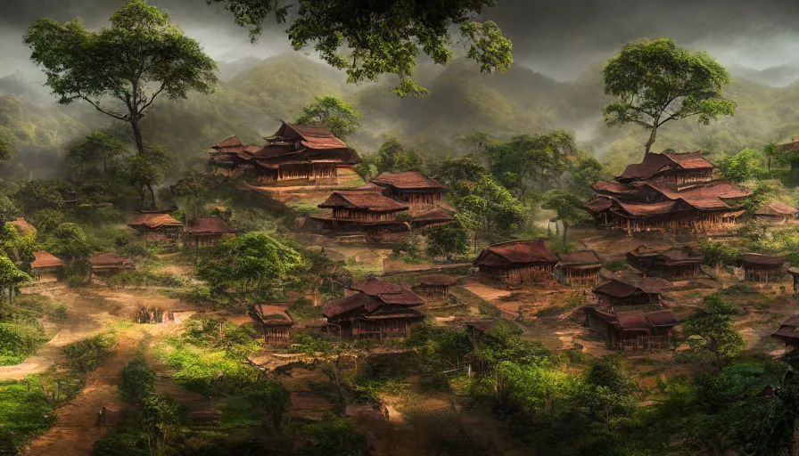 Image similar to matte painting of a beautiful tai yai village, digital art, trending on artstation