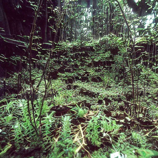 Prompt: beautiful 3 5 mm color photograph of an abandoned alien temple, overgrown with strange plants