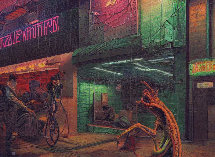 Prompt: reptile people exterior parking lot, cyberpunk neon, in the style of jeremy enecio, intricate, miles johnston, monet, cynical realism, john william godward, painterly, yoshitaka amano, miles johnston, louise zhang, pekka halonen, finnish naturalism, realism