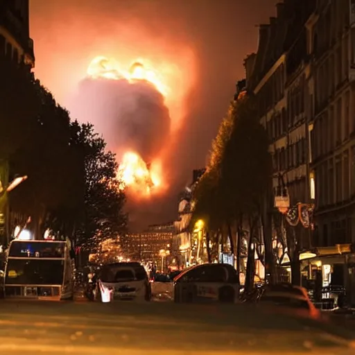 Image similar to picture of huge explosion in city of Paris at night, photojournalism very detailed photography