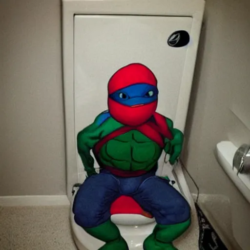 Prompt: ninja turtle sitting on toilet