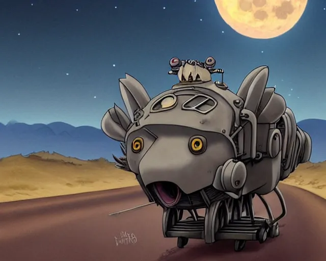 Image similar to a cell shaded cartoon grey lovecraftian mechanized wolf from howl's moving castle ( 2 0 0 4 ), with a big head, on a desert road, wide shot, in front of a big moon, muted colors, post grunge, josan gonzales, wlop, by james jean, victor ngai, hq, deviantart, art by artgem