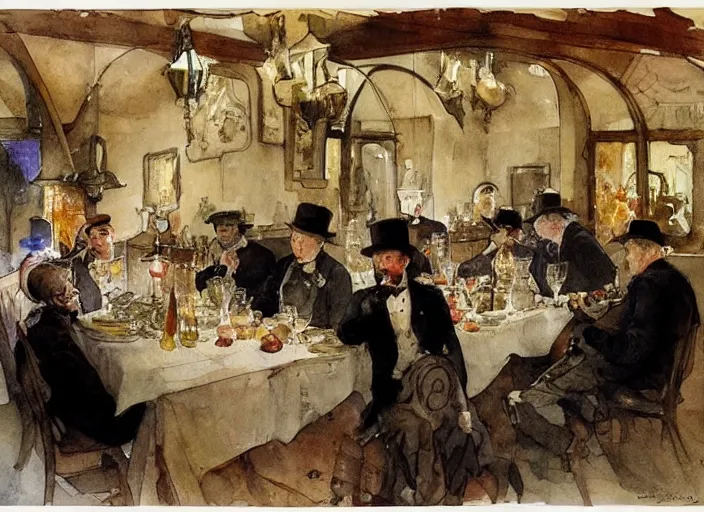 Image similar to gentlemens dinner, cellar, masterpiece, torches on wall, meat, wine, schnapps, watercolor by anders zorn and carl larsson, art nouveau