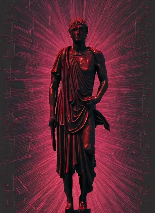 Image similar to design poster showing a statue of julius caesar, black background with very subtle red and purple design elements, powerful, nekro, guido crepax, graphic design, collage art, thin lines, dark, glitch art, neo vaporwave, gritty, layout frame, square, trending on artstation