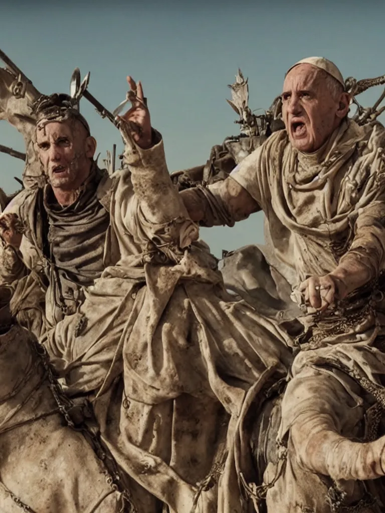 Prompt: pope franics in mad max: fury road (2016) photorealistic 8k promotional photo shot