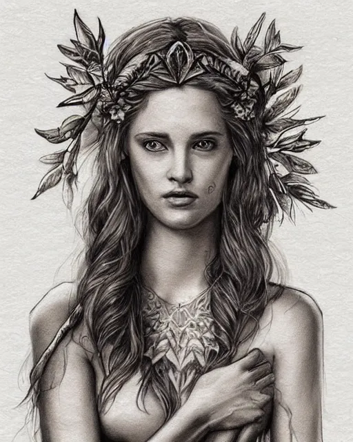 Image similar to realism tattoo sketch of a beautiful greek goddess aphrodite wearing a laurel wreath and arrowhead earrings, beautiful confident eyes, beautiful flowing hair, glowing god eyes, hyper realistic face, in the style of greg rutkowski, fantasy, amazing detail, epic, elegant, smooth, sharp focus, from the front