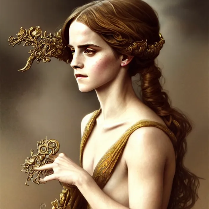 Image similar to ancient queen emma watson, diffuse lighting, fantasy, intricate, elegant, symetrical, highly detailed, lifelike, photorealistic, digital painting, artstation, illustration, concept art, smooth, sharp focus, art by john collier and albert aublet and krenz cushart and artem demura and alphonse mucha