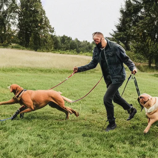 Prompt: a man falling over in a field as his dogs pull him on a leash