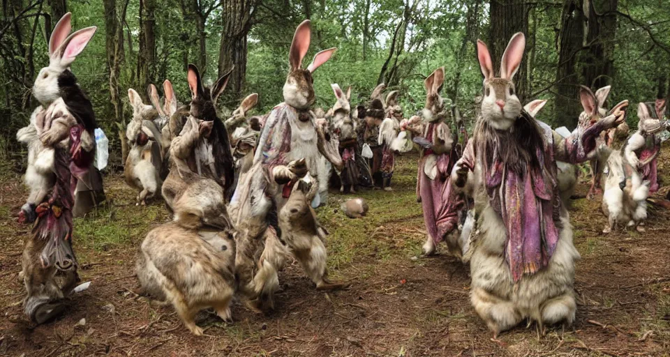 Image similar to shamanic ritual, A group of rabbits performing a shamanic ritual in a forest