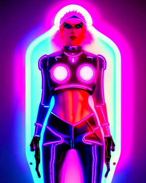 Prompt: ultra realistic cyber neon queen, neon lighting, retro futurism, futuristic illuminated jewellery, full body pose, thick fancy eyeliner, hyper photorealistic, crispy quality, digital photography, trending on artstation, cinematic, 4 k ultra hd, art by pascal blanche, art by greg rutkowski