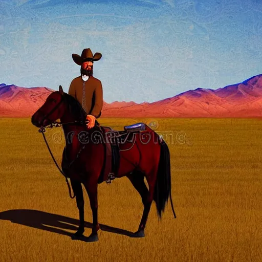 Prompt: bearded cowboy standing alone in central asian steppe, persian folkore illustration
