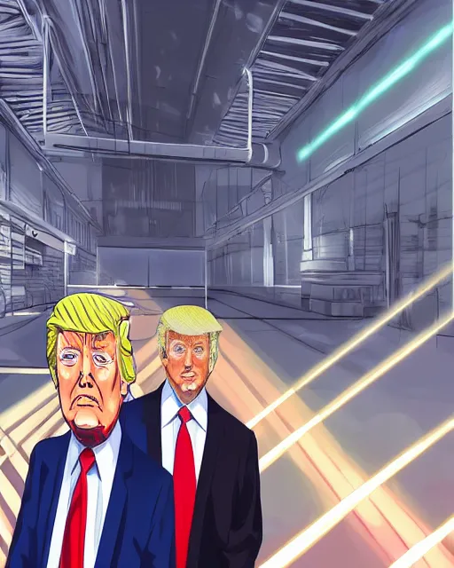 Image similar to Digital state-sponsored anime art of Donald Trump by A-1 studios, serious expression, empty warehouse background, highly detailed, spotlight