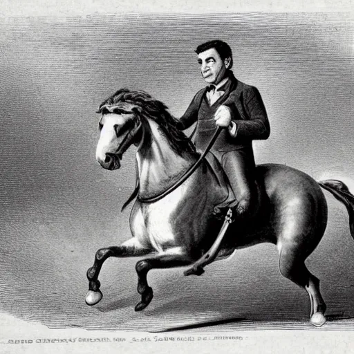 Prompt: Matteo Renzi riding a horse which has the face of Mario Draghi, in a 19th century caricature, black and white