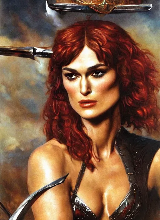 Image similar to Portrait of Keira Knightley as Red Sonja, painted by Frank Frazetta, highly detailed, 8k