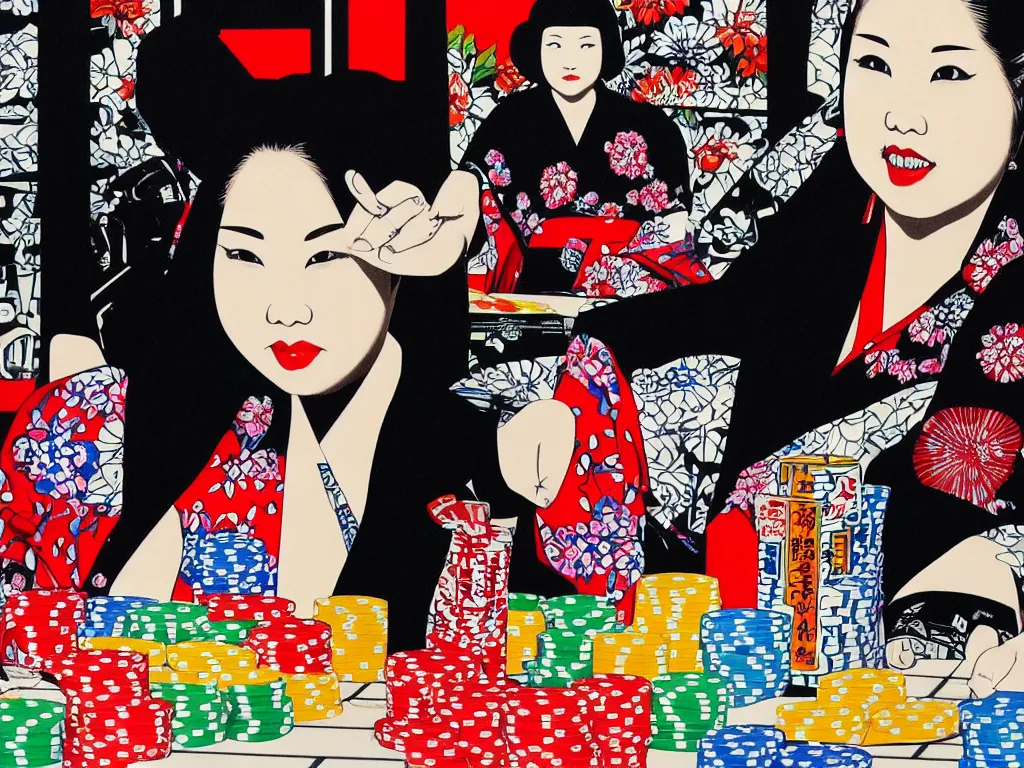 Prompt: hyperrealism composition of the detailed woman in a japanese kimono sitting at an extremely detailed poker table with darth vader, shiba inu, fireworks on the background, pop - art style, jacky tsai style, andy warhol style, acrylic on canvas