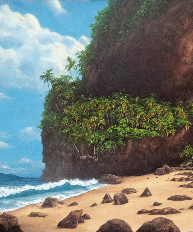 Image similar to photorealistic painting of turtle bay beach jamaica, sharp cliffs, island with cave, dark, atmospheric, brooding, smooth, finely detailed, cinematic, epic, lovecraft, in the style of larry elmore