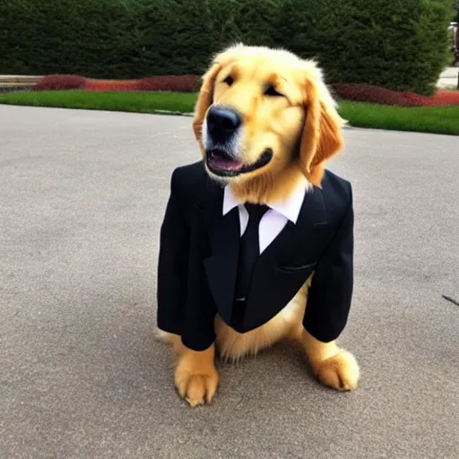 Image similar to a golden retriever wearing a suit