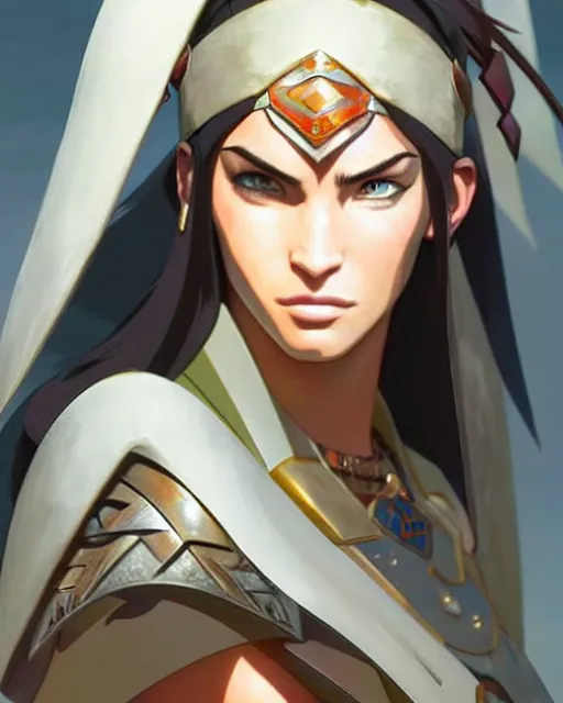 Image similar to azctec warrior, megan fox, gemstone forehead, detailed perfect face, exquisite details, fire magic, mid view, design on a white background, by studio muti, greg rutkowski makoto shinkai takashi takeuchi studio ghibli