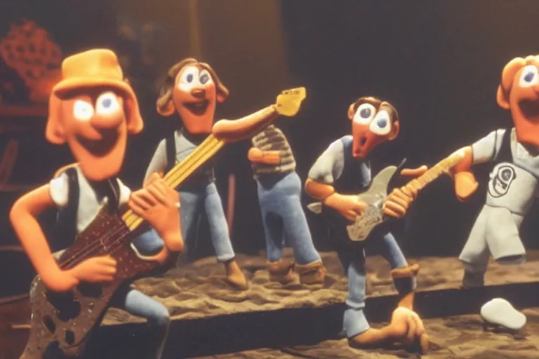 Image similar to aardman claymation scene of rush playing live on stage