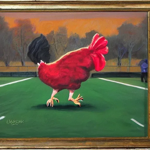 Image similar to the famous funky chicken runs across a football field, interrupting the big game, oil painting