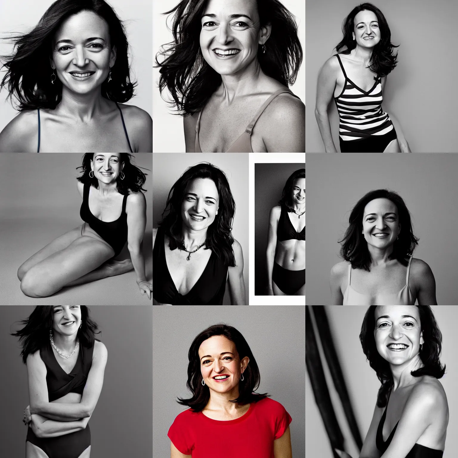 Prompt: Photo of Sheryl Sandberg in swimsuit, soft studio lighting, photo taken by Terry Richardson for Abercrombie and Fitch, award-winning photograph, 24mm f/1.4