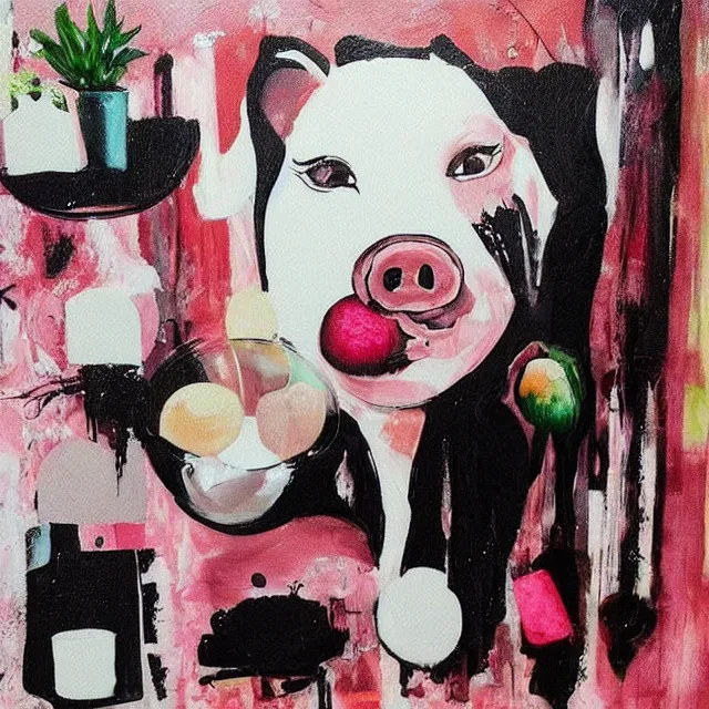 Image similar to “ a portrait in a female art student ’ s apartment, sensual, a pig theme, art supplies, paint tubes, ikebana, herbs, a candle dripping white wax, black walls, squashed berries, berry juice drips, acrylic and spray paint and oilstick on canvas, surrealism, neoexpressionism ”