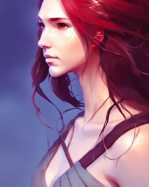 Image similar to portrait of a female druid, simple clothes, fantasy, face like gal gadot, red hair shinkai makoto studio ghibli studio key hideaki anno sakimichan stanley artgerm lau rossdraws james jean marc simonetti elegant highly detailed digital painting artstation pixiv