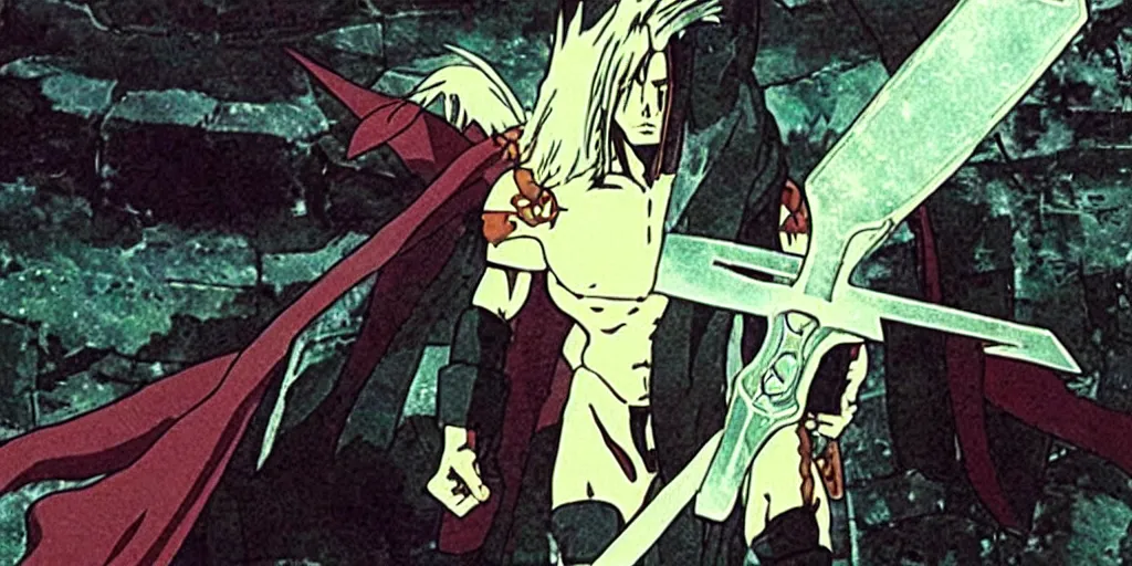 Image similar to “still frame of Sephiroth in 1988 anime film Akira by Katsuhiro Otomo, screenshot, color”