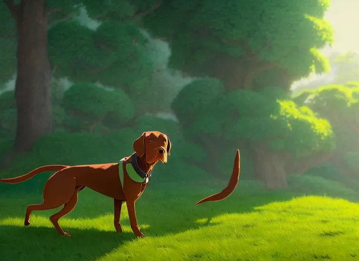 Prompt: a wholesome animation key shot of a brown vizsla dog wearing a green sweater, studio ghibli, pixar and disney animation, sharp, rendered in unreal engine 5, anime key art by greg rutkowski, bloom, dramatic lighting