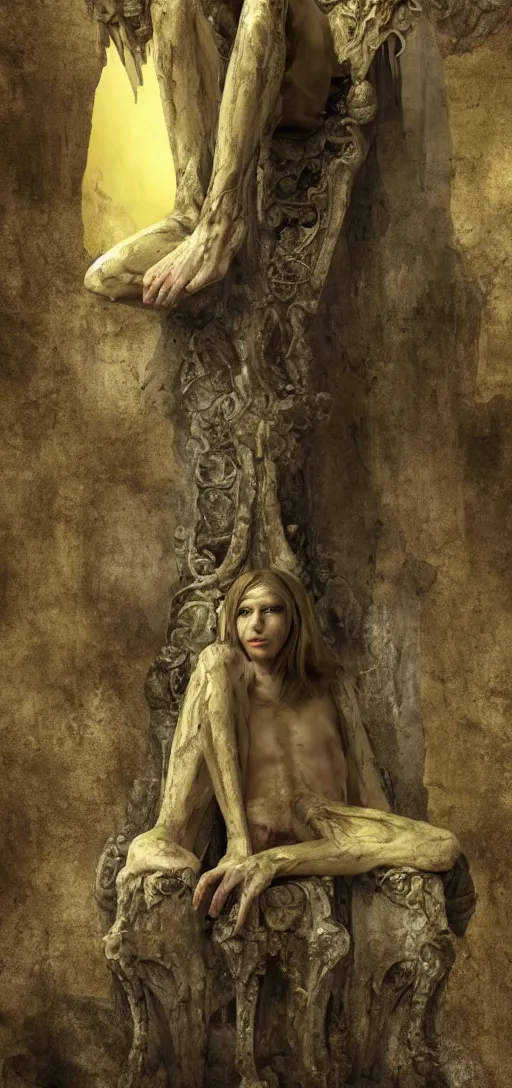 Prompt: a tall pale humanoid being sitting upon an ornate stone throne, 4K, digital art, horror, dramatic, wearing a long yellow rotting garment, dark, hyperrealistic, perspective,