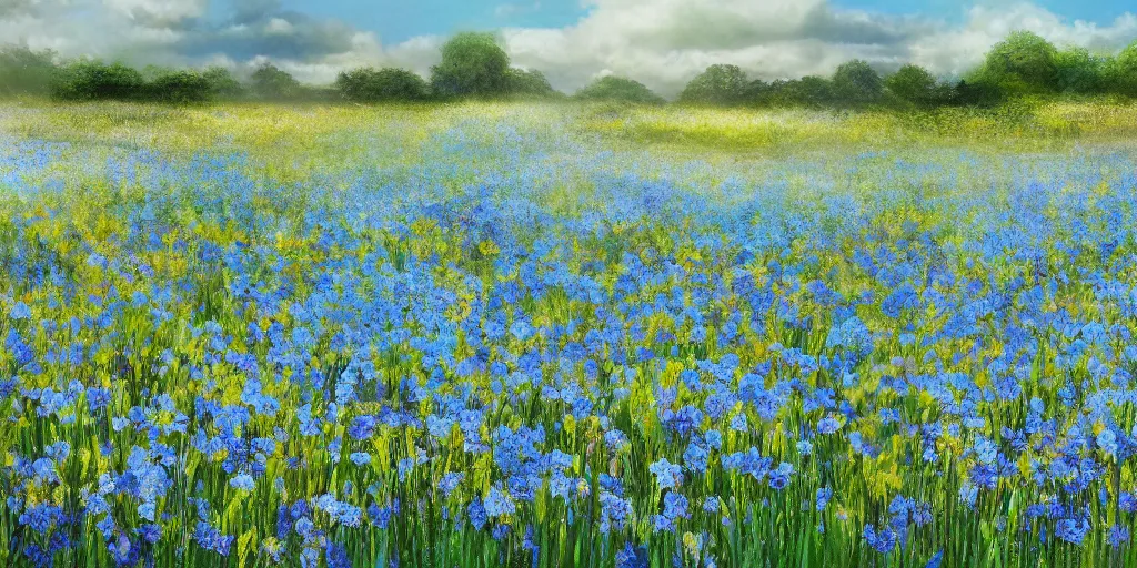 Prompt: field of light blue flowers on a summers day, matte painting