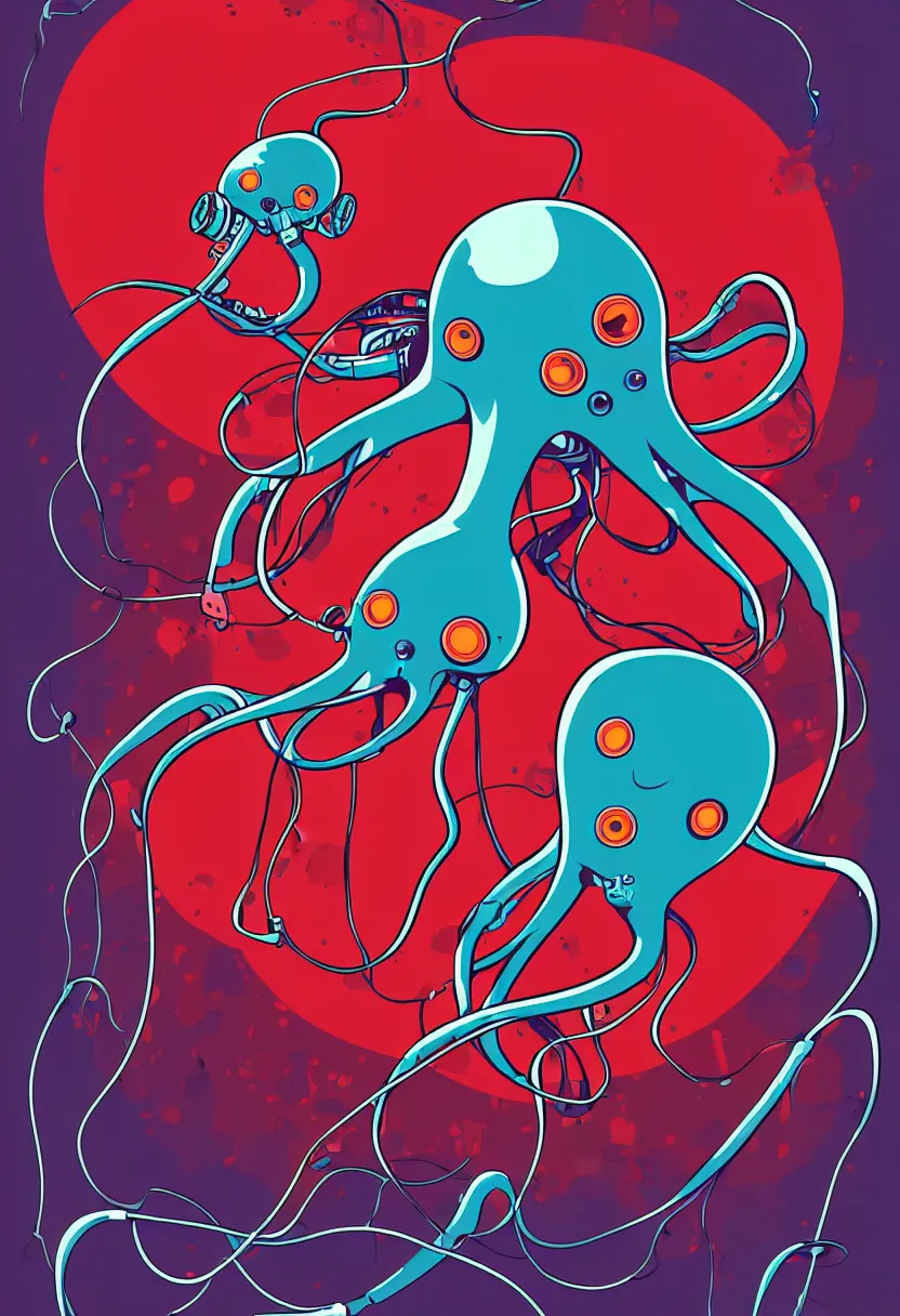 Image similar to a robot squid floats swims through a cloud of blood, concert poster for band named fingers, vector art, 8 k, highly detailed illustration