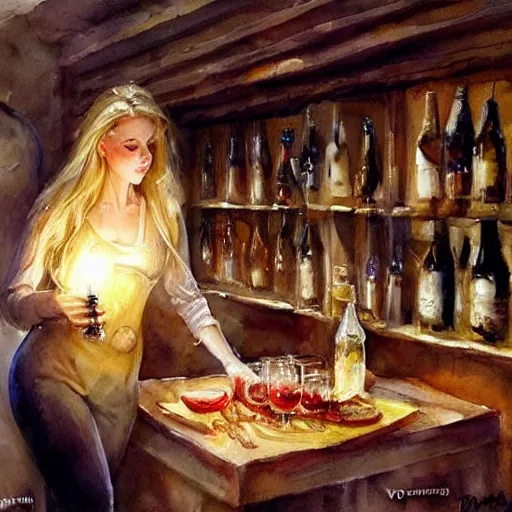 Image similar to hot blonde in a wine cellar, food, pork, beer, schnapps, rustic, traditional, torches on the wall, watercolor by vladimir volegov, highly detailed, masterpiece